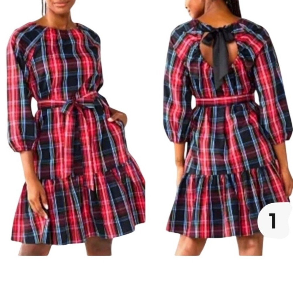 Draper James RSVP Women's Sz Med Plaid Ruffle Hem Dress Red Black Blue Bow Back